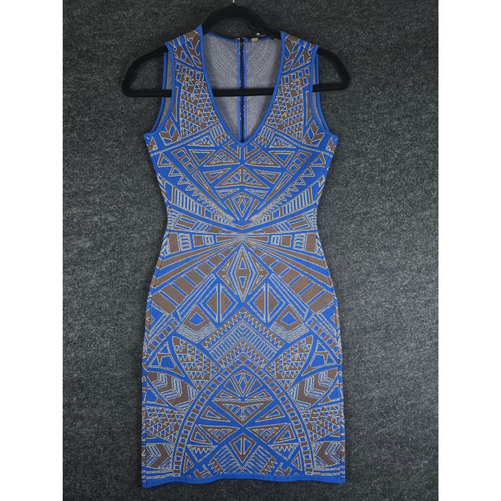 BCBGMAXAZRIA Women's Blue Geometric Bandage Bodycon Cocktail Dress Size XXS
